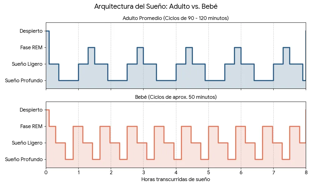Comparativa ciclos de sueño bebé vs adulto